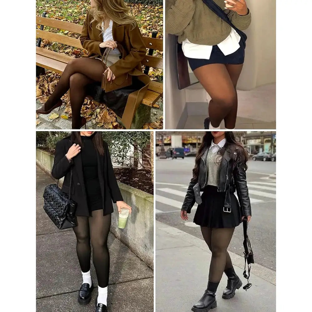 One Seam Fleece Lined Tights in black; four outfits showcase warm control-top pantyhose.