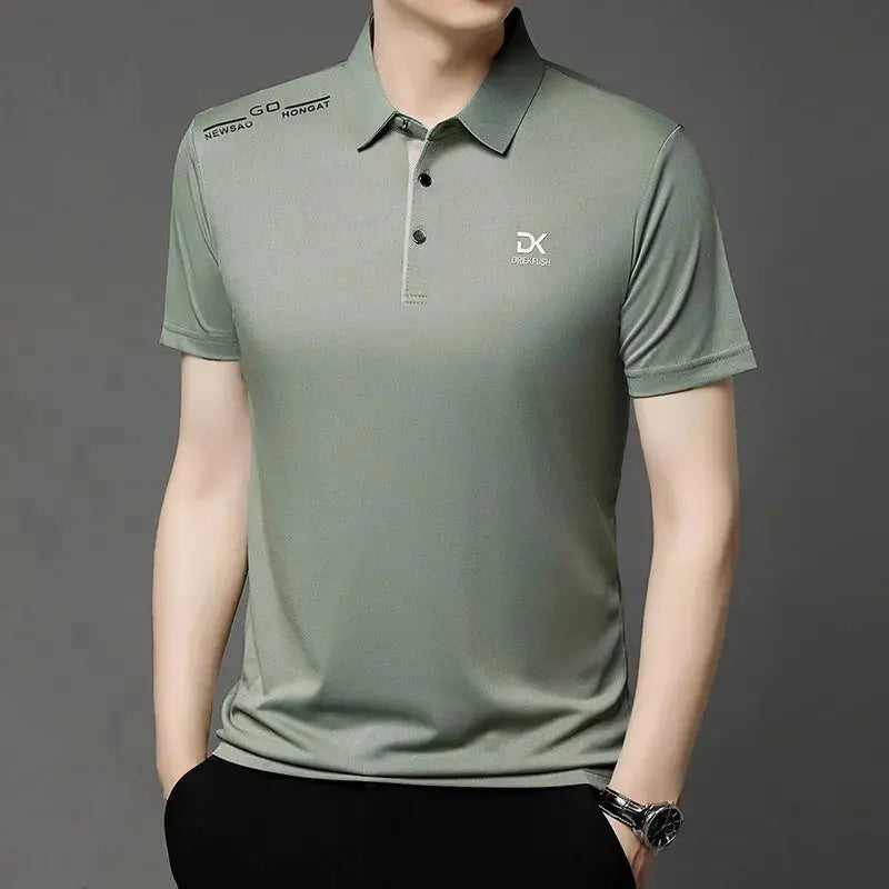 Men's polo shirt by Simples Market, sage green short-sleeve breathable solid color with chest badge logo.
