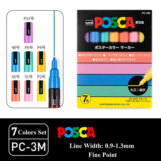 Uni POSCA paint marker pens 7-color set PC-1M PC-3M PC-5M in vinyl case, by Simples Market