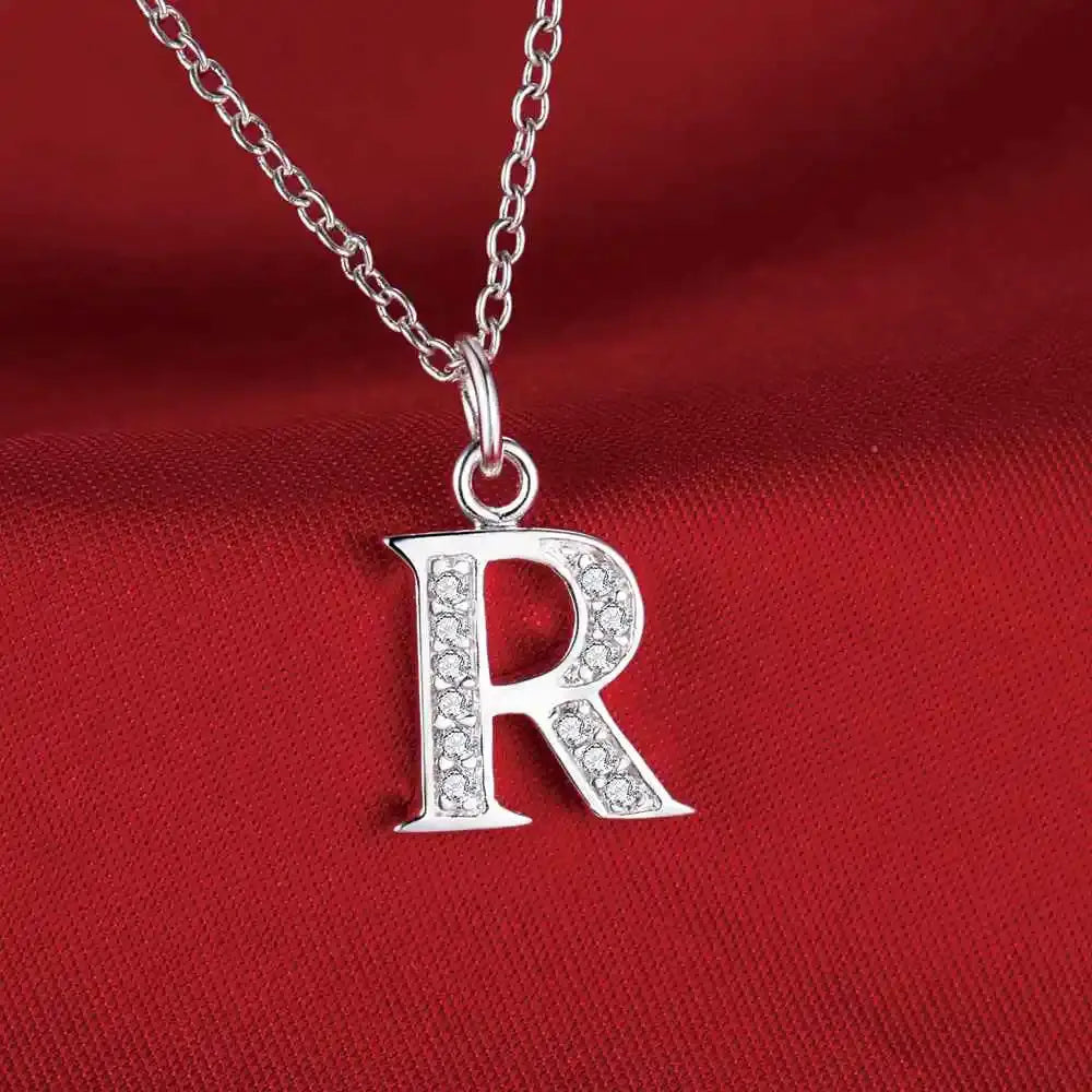 R letter pendant necklace in 925 sterling silver with zircon stones