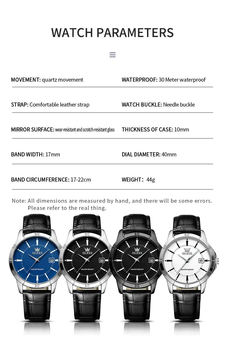 OLEVS men's leather strap watches, 4 styles with blue/black/white dials