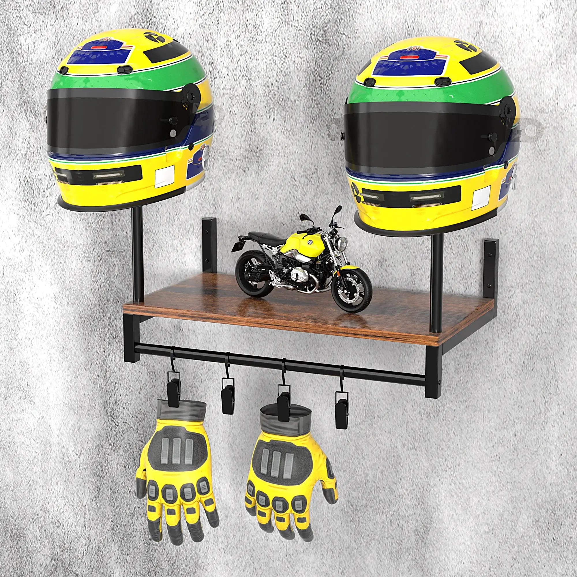 Wooden Motorcycle Helmet Wall Mount With Hooks And Multipurpose Shelf Helmet Display Stand Jacket Holders