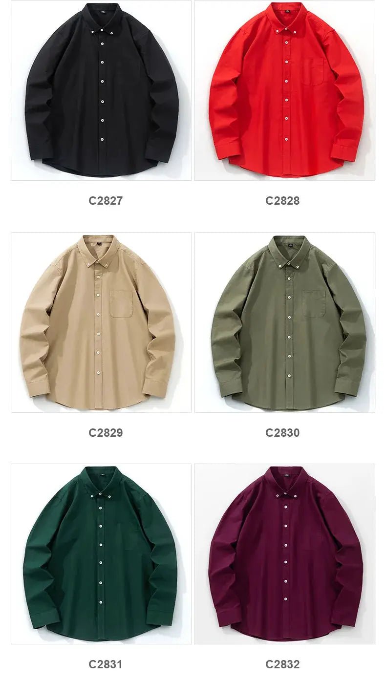Men's 100% cotton long-sleeve Oxford shirt in six colorways with a single chest pocket