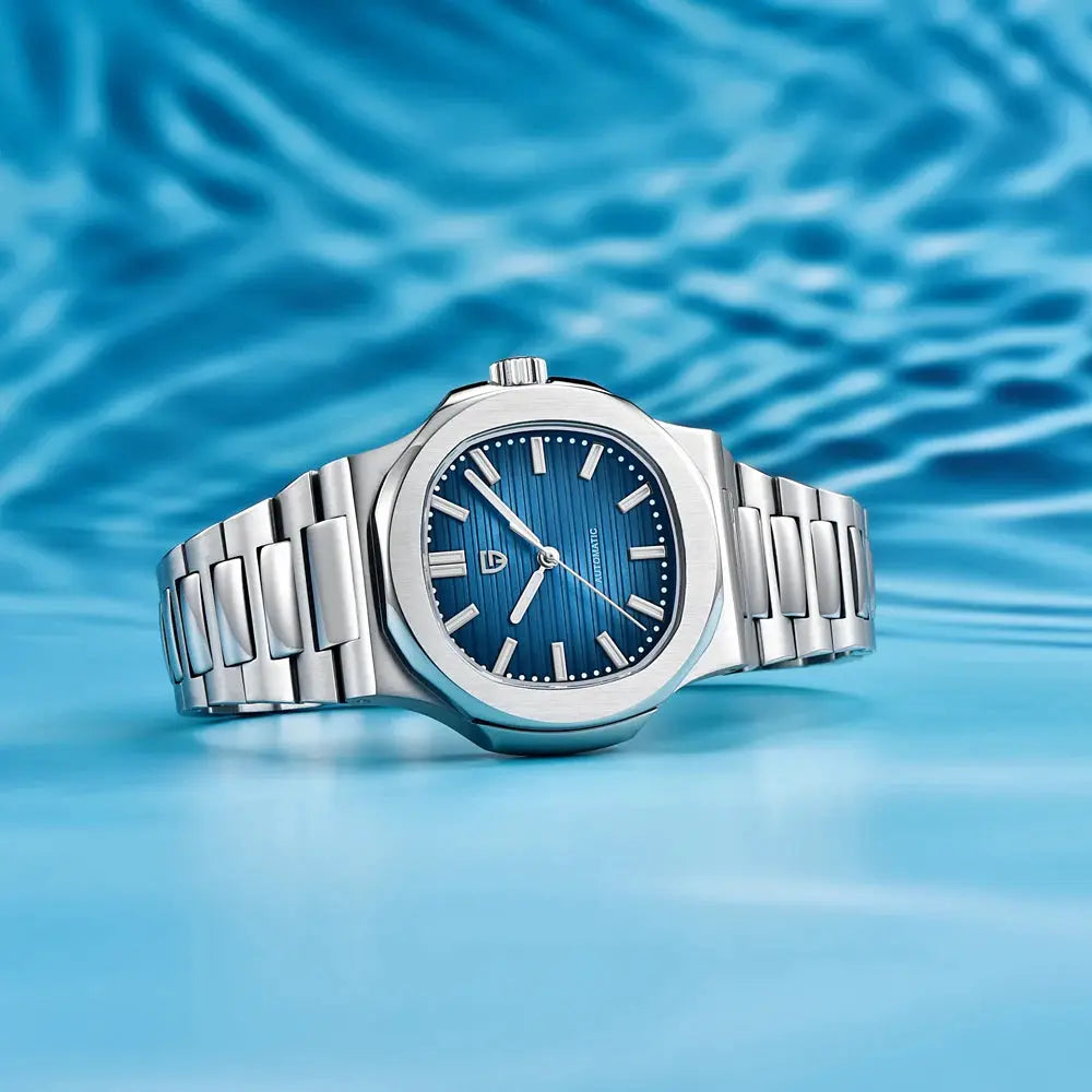 Pagani Design men's luxury automatic watch with blue dial and stainless steel bracelet.