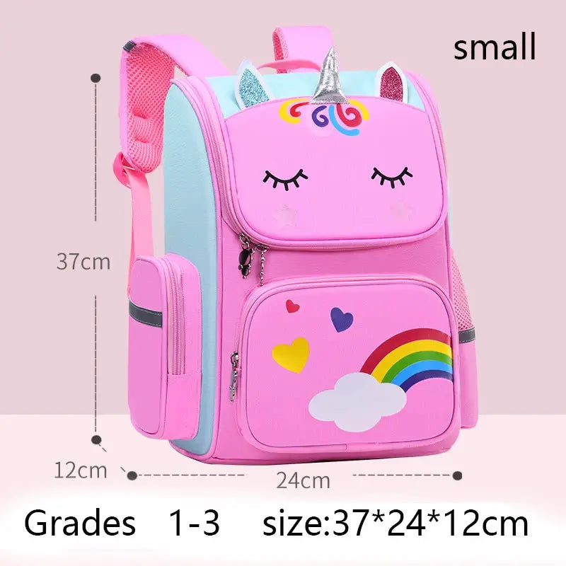 Unicorn kids backpack, pink with rainbow and clouds, by Simples Market; waterproof, 37x24x12 cm, fits grades 1-3