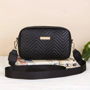 Minimalist black quilted PU crossbody bag with chevron pattern and detachable strap