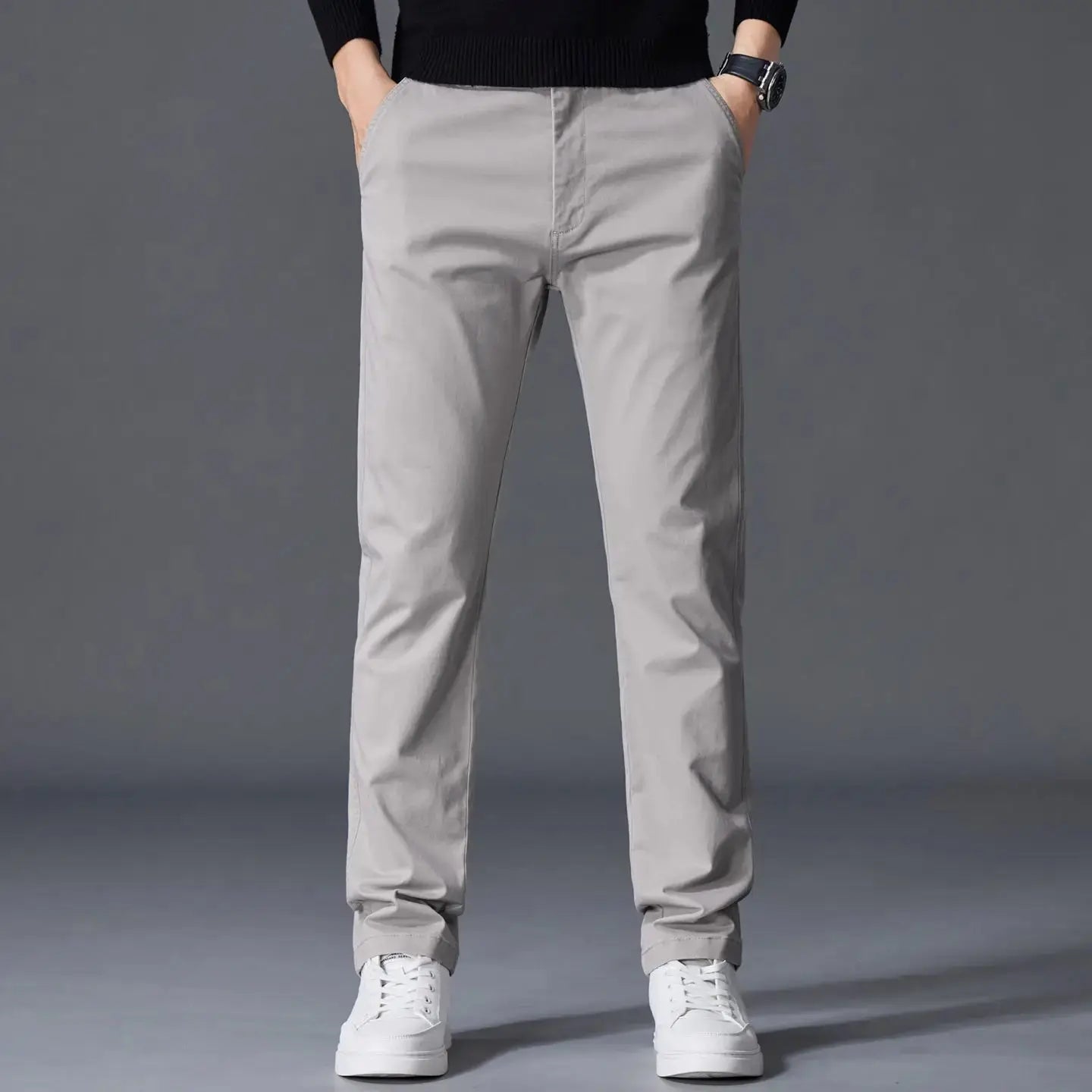 Autumn men's cotton pants, Simples Market, classic straight fit with elastic waistband, light gray.
