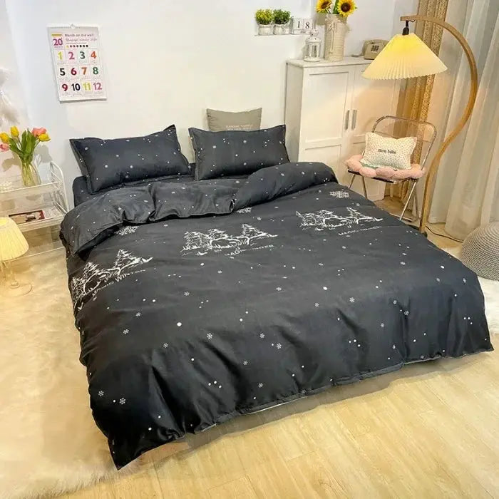 Simples Market four-piece Aloe Vera cotton bedding set in dark gray with white star and animal motifs