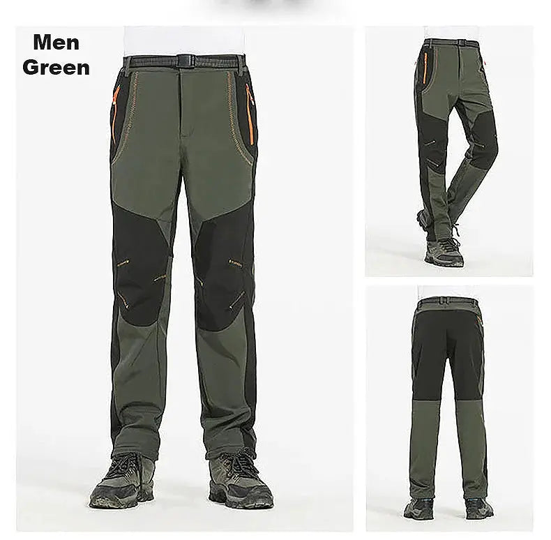 JNLN green men's soft-shell hiking pants with black knee panels and orange zippers, front view