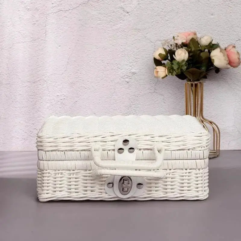 Rattan-like finishing box by Simples Market, white with top handle and metal latch, decorative retro storage suitcase