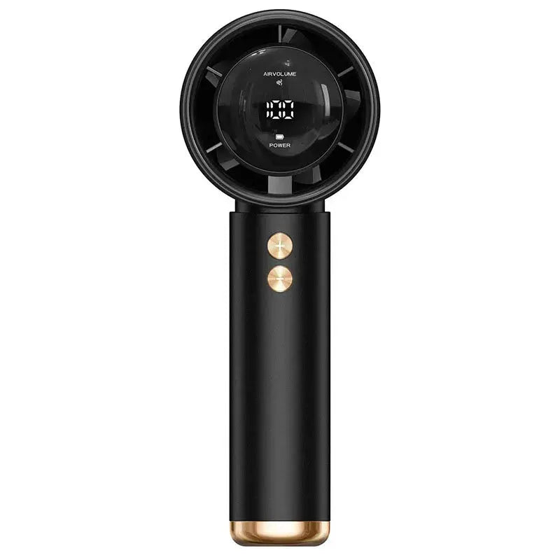 Mini handheld fan, black with gold trim, USB rechargeable, digital display on head