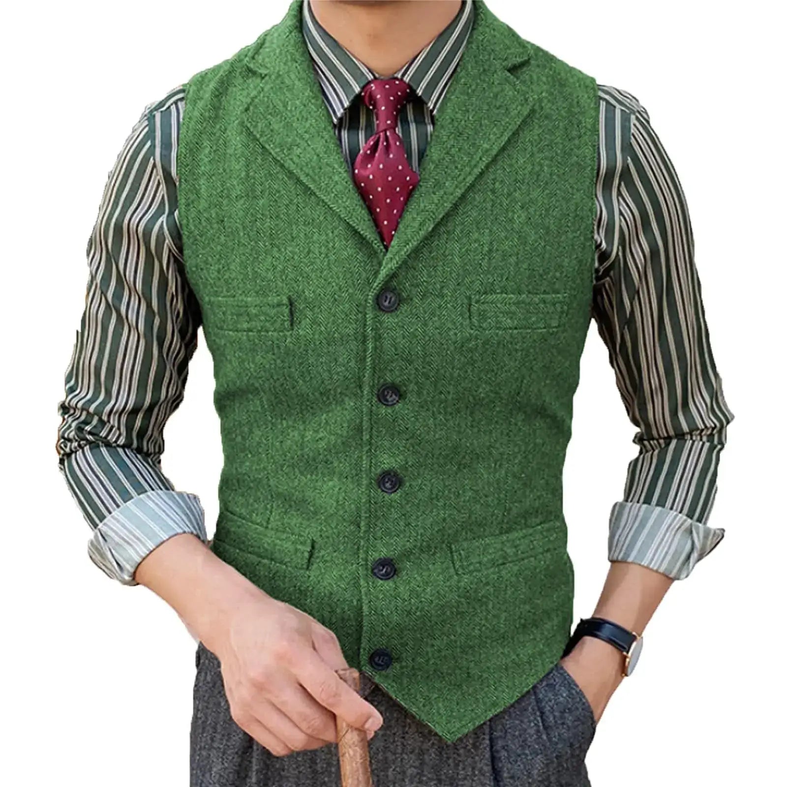 Men's green wool herringbone suit vest with lapel and V-neck; waistcoat by Simples Market for wedding or formal wear.
