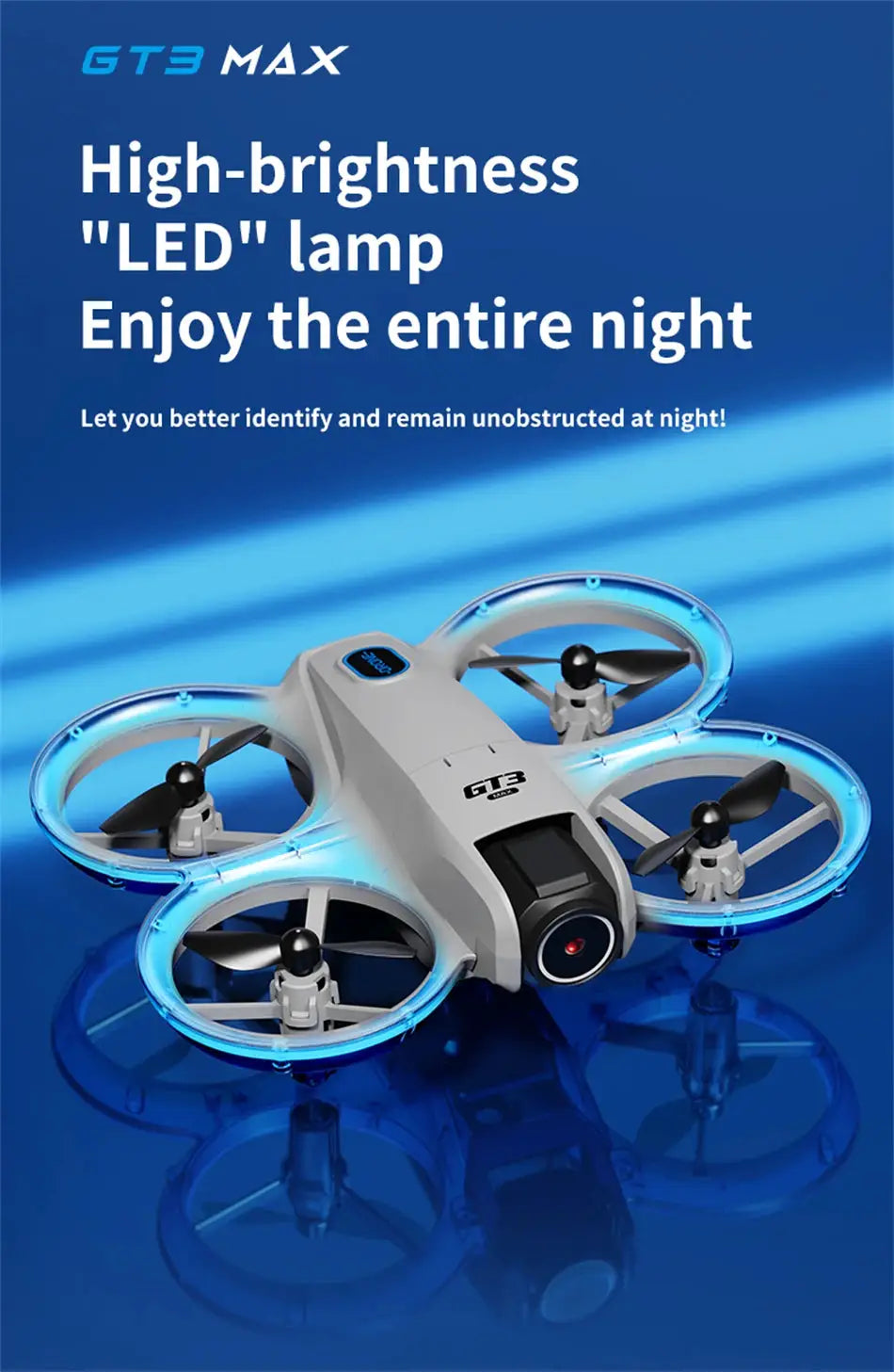 GT3 MAX quadcopter drone with gray body, blue LED ring guards, and front camera