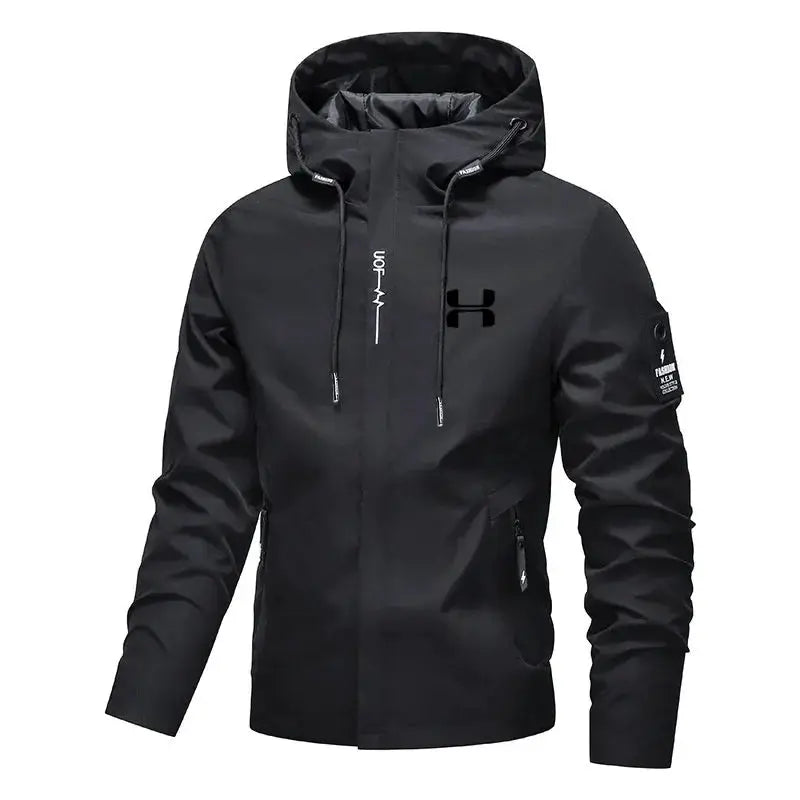 Men's black hooded windbreaker zip-up jacket, casual outdoor wear by Simples Market