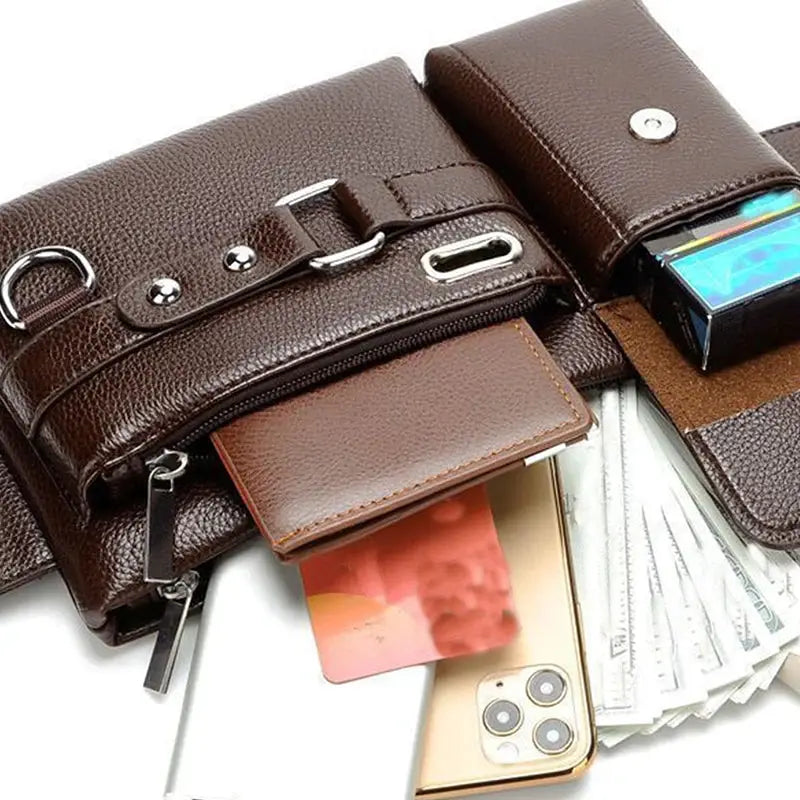 Brown PU leather crossbody fanny bag with multiple pockets and metal hardware, shown with wallet, cash and phone
