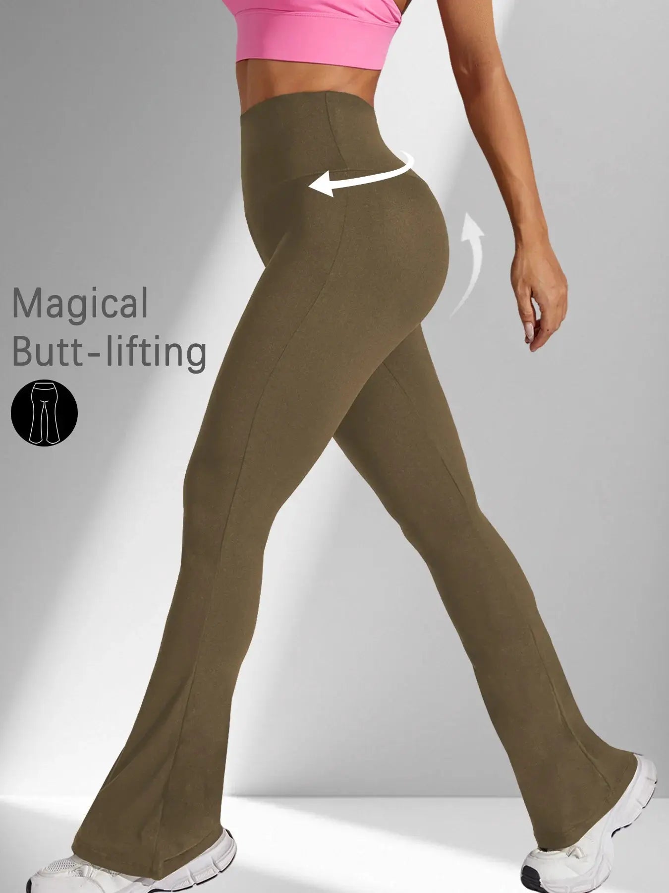 Women's Super Soft Flare Pants, high-waisted tummy-control olive-green yoga leggings with bell-bottom flare by Simples Market