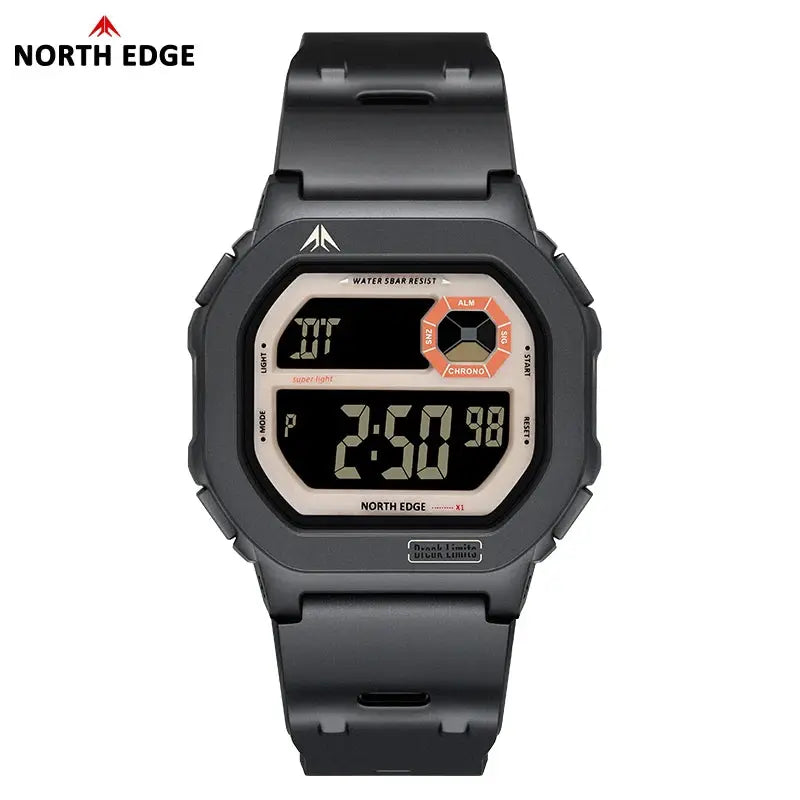 NORTH EDGE X1 square-screen digital watch, black sportswatch with 50M waterproof, stopwatch and alarm.