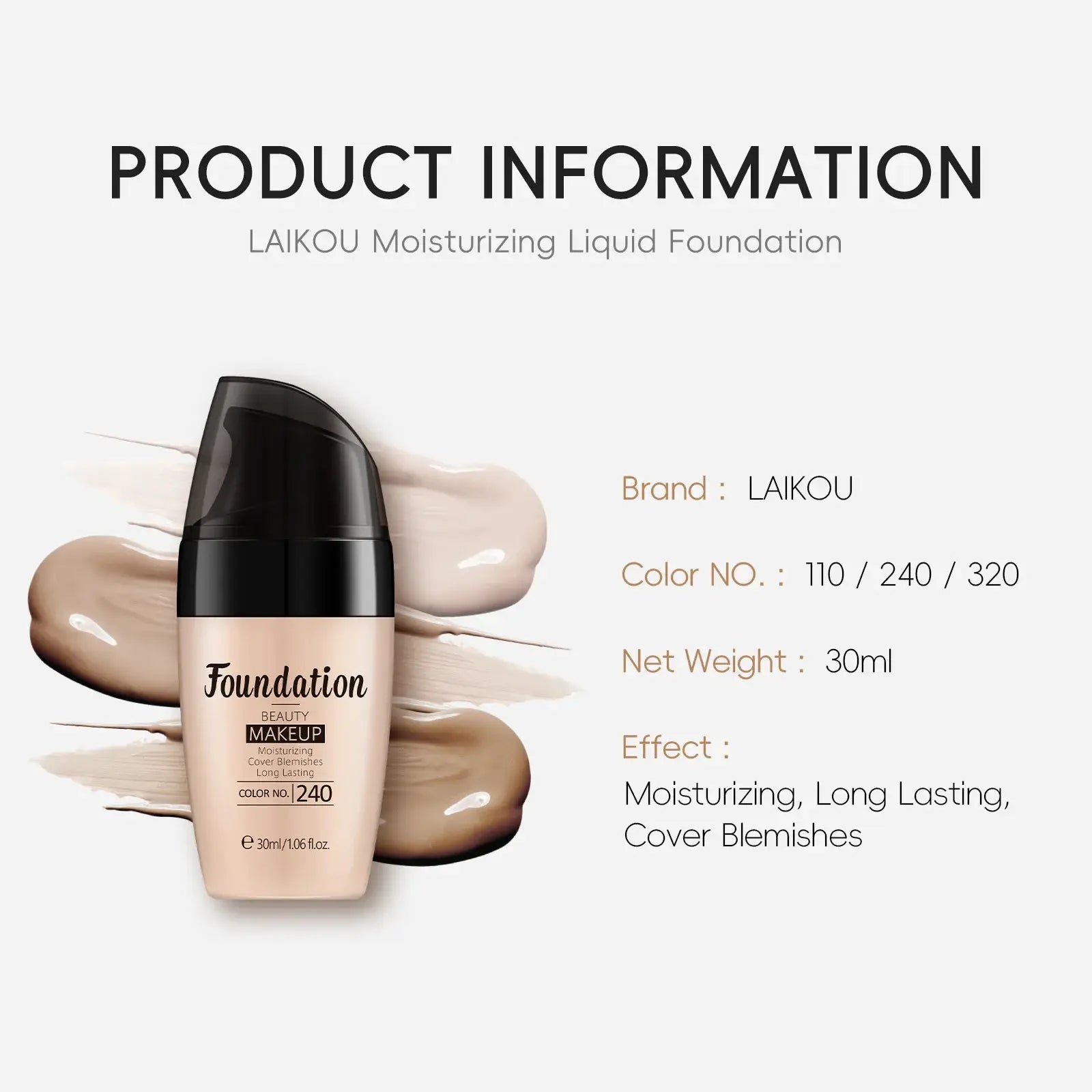 Laikou Liquid Foundation Multiple Shades Hydrating Natural Finish Creamy Full Coverage Makeup Base Longwear 30ml