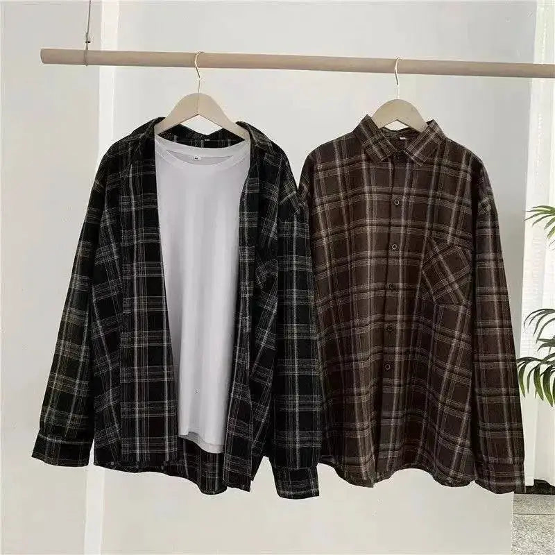 Vintage Plaid Oversize Button Up Shirt For Women Autumn Long Sleeve Korean Fashion Casual Fall Outwear Tops