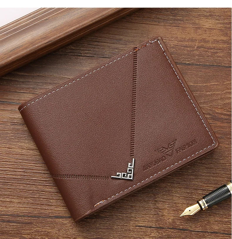 Slim brown leather bifold wallet for men with RFID blocking from Simples Market; front-pocket minimalist card holder