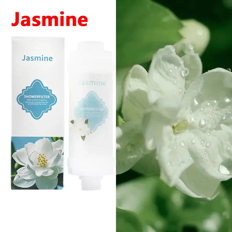 Shower filter Jasmine scented bottle and box with blue label, shown beside jasmine flower