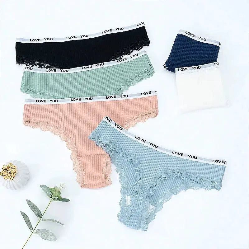 6-pack cotton lace thong underwear set in assorted colors with lace trim