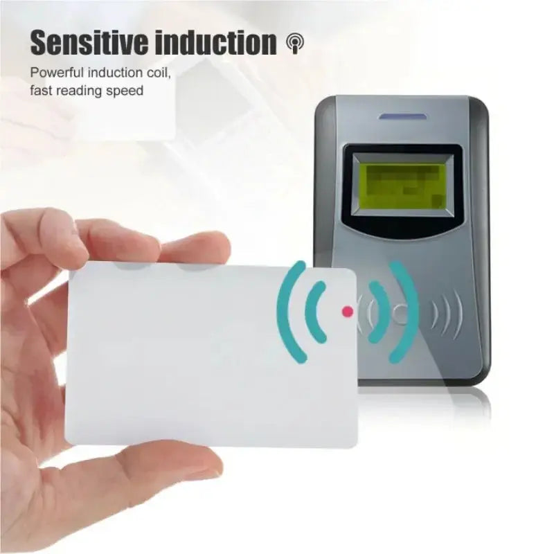 NTAG215 blank NFC card, white PVC, shown beside a contactless NFC reader.