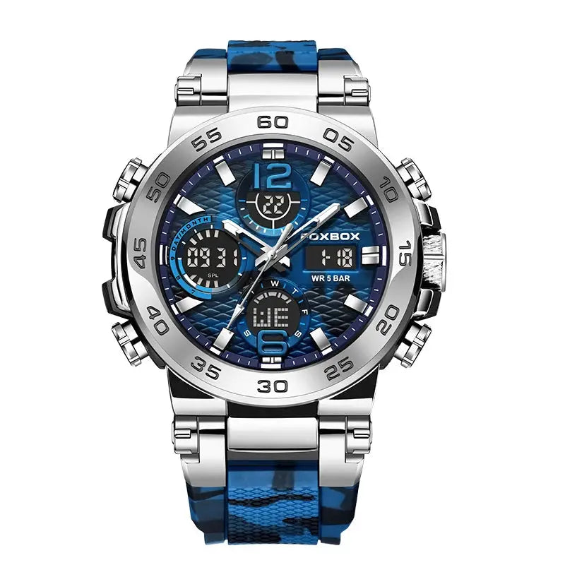 LIGE men's electronic wristwatch with blue dial, LED display, stainless steel case and blue camo strap; water resistant to 5 bar.