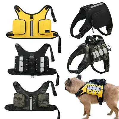 Simples Market pet harness set; yellow, black, and camo anti-slip dog vests with buckles (5 items)