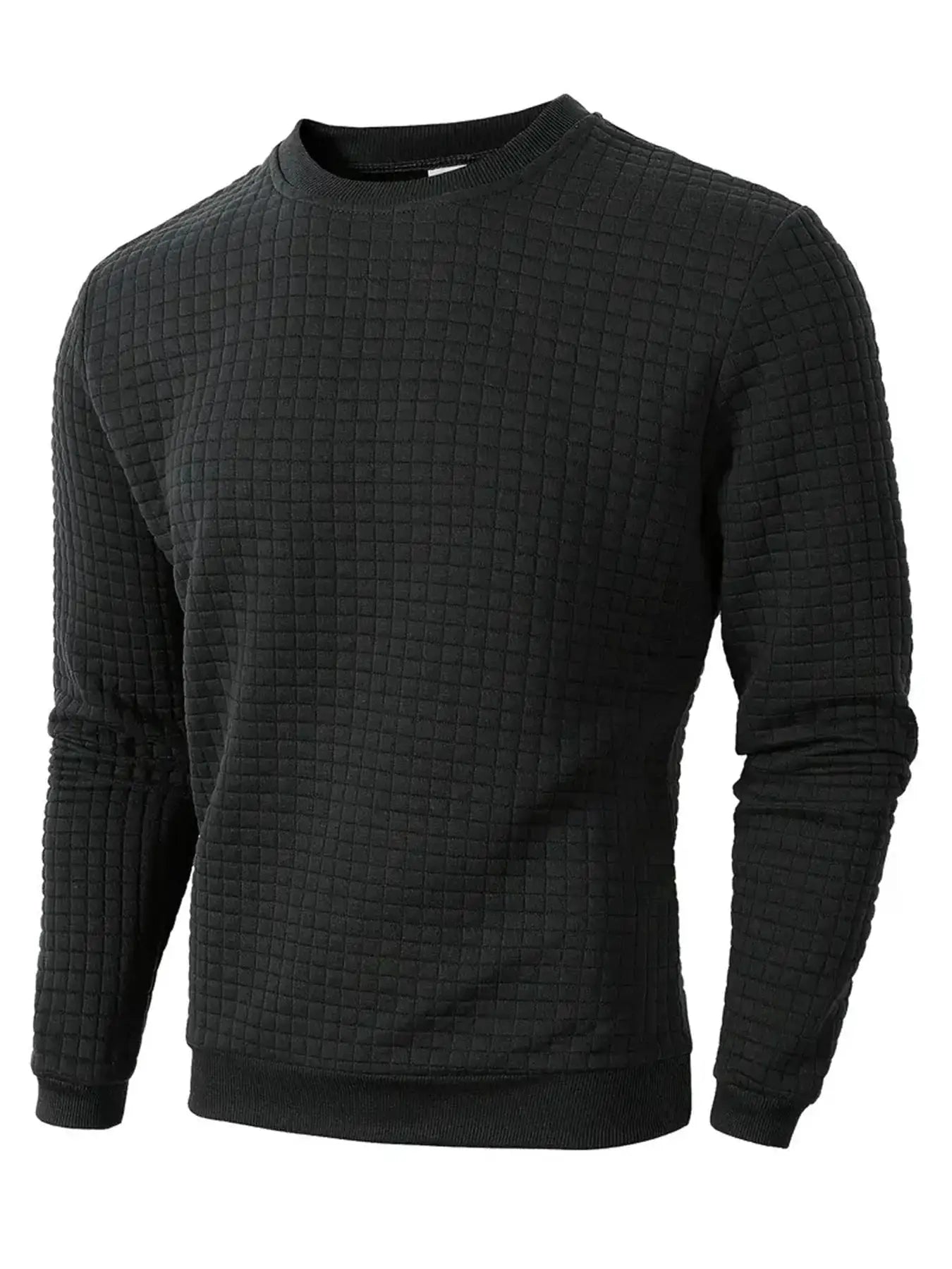Men's black quilted crew-neck pullover sweater with square grid texture