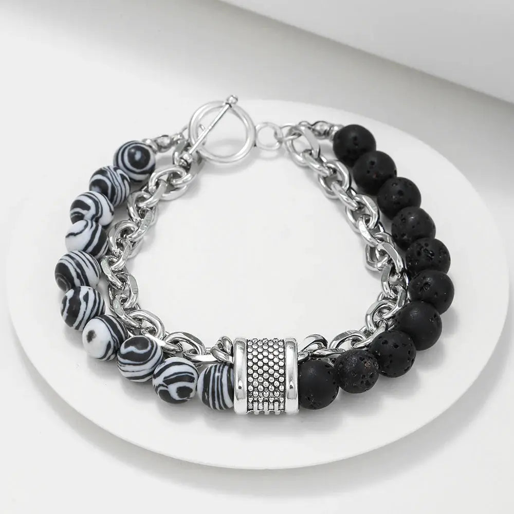 Fashion Punk Frosted Stone Chain Geometric Double Layer Beaded Bracelet Stainless Steel All Match Trend Accessory