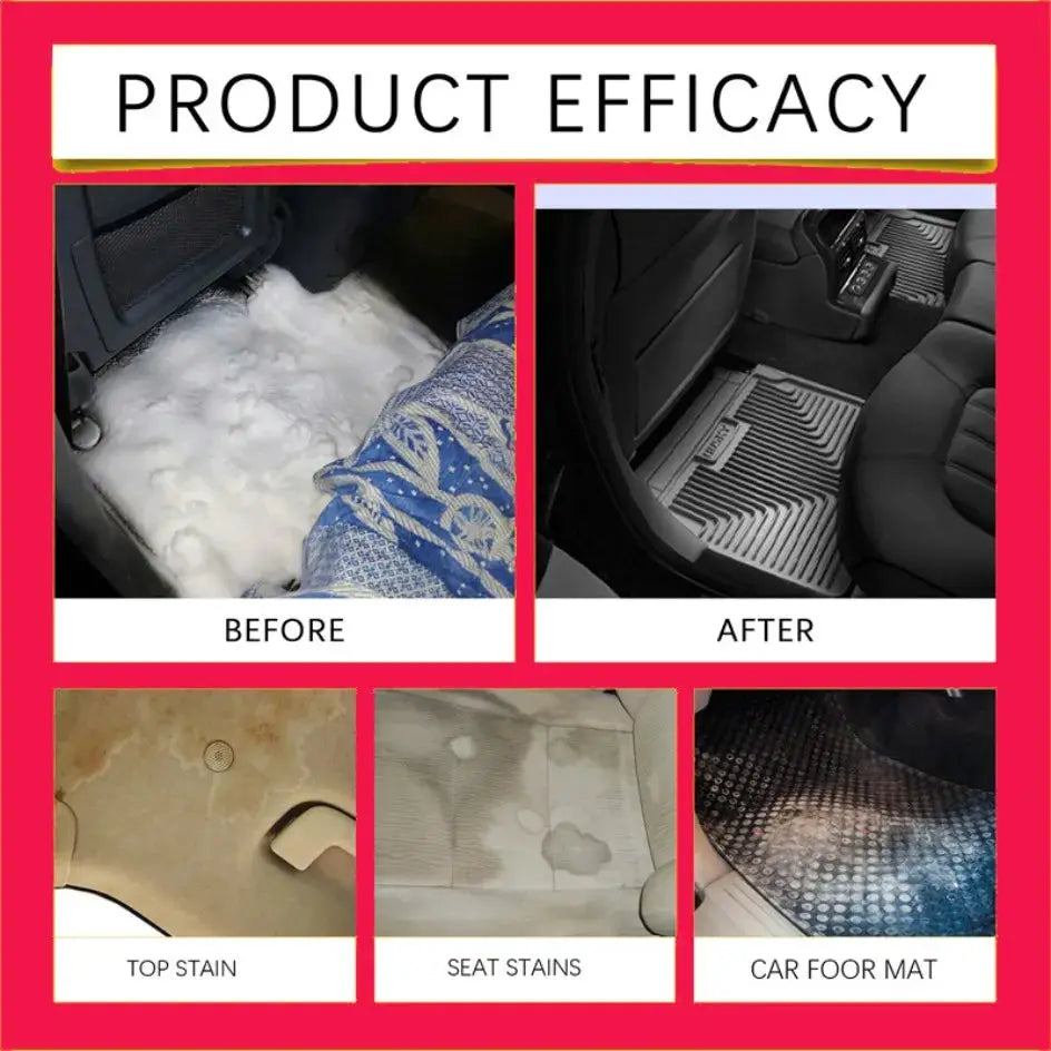 Simples Market car interior foam cleaner; stain removal spray for leather seats, 6-panel collage