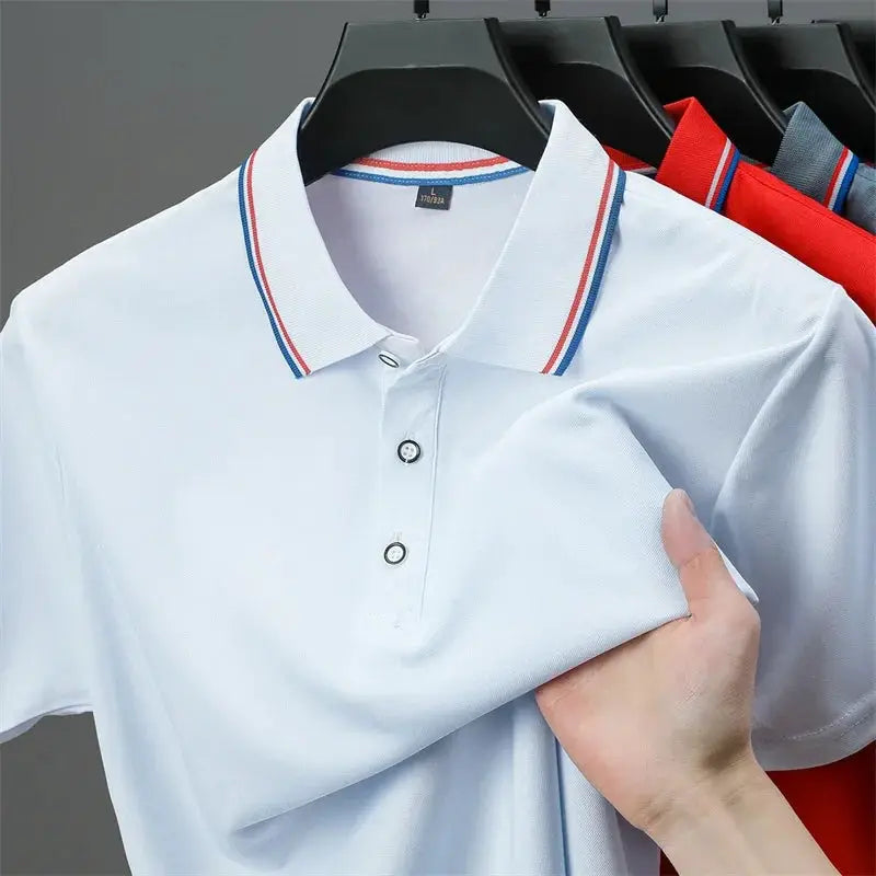 Men's polo shirt by Simples Market, light blue solid color with striped collar trim; other colors visible