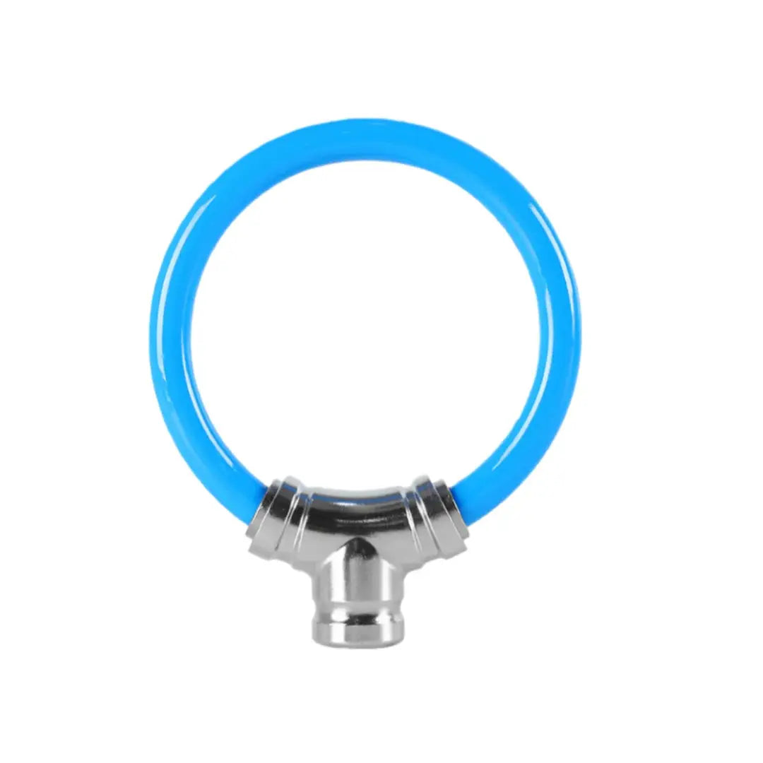 Blue circular bicycle helmet lock with silver metal clasp and steel wire ring