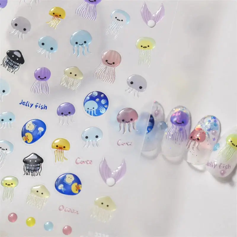 Simples Market 5D jellyfish nail art stickers set, cute multicolor self-adhesive decals for DIY manicure (1 pack)