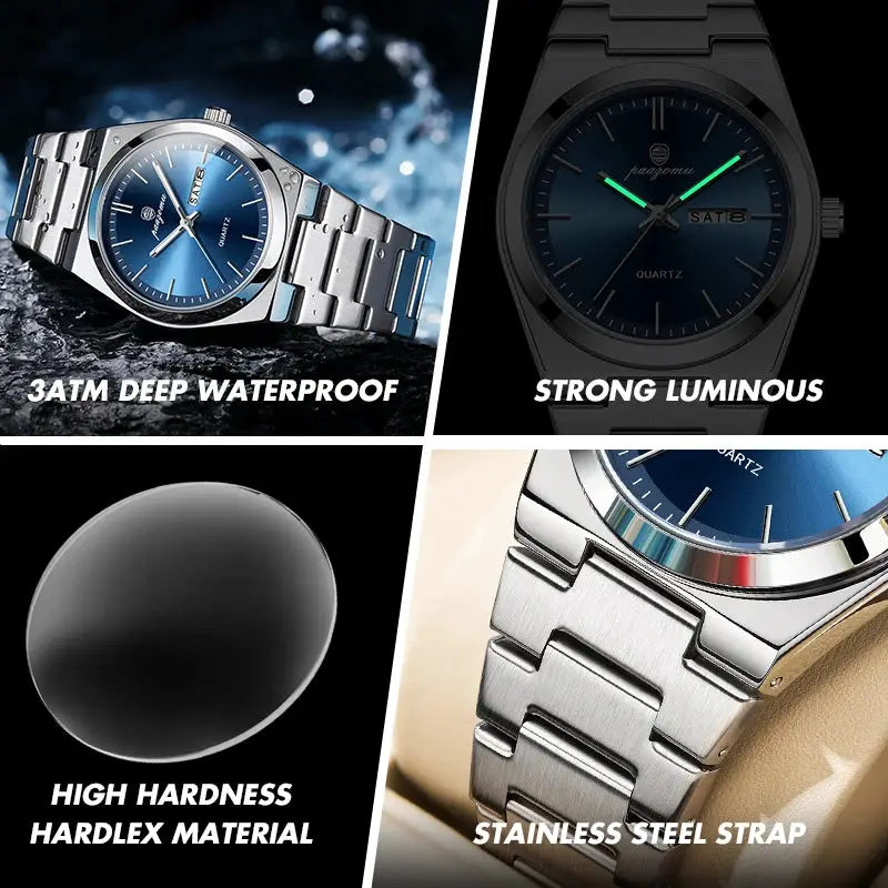 PAAZOMU Luxury Quartz Men Wristwatch Stainless Steel Sport Watch With Luminous Dial Date Week 3 Bar Water Resistance