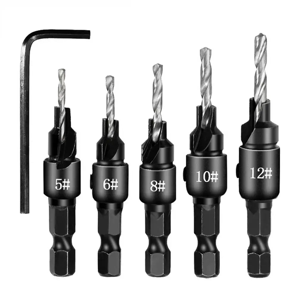 5 Piece Woodworking Taper Hex Shank Countersunk Drill Bit Set For Flush Screw Heads