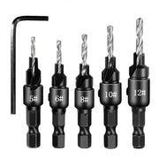 5 Piece Woodworking Taper Hex Shank Countersunk Drill Bit Set For Flush Screw Heads
