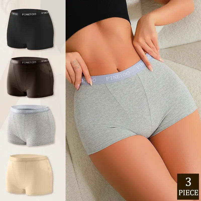3-piece Finetoo women's cotton seamless boxer briefs set in solid colors; gray pair shown