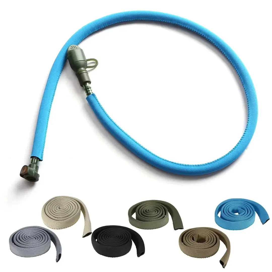 Simples Market hydration tube cover, blue sleeve; includes rolled color sleeves in beige, gray, black, olive, tan, and blue.