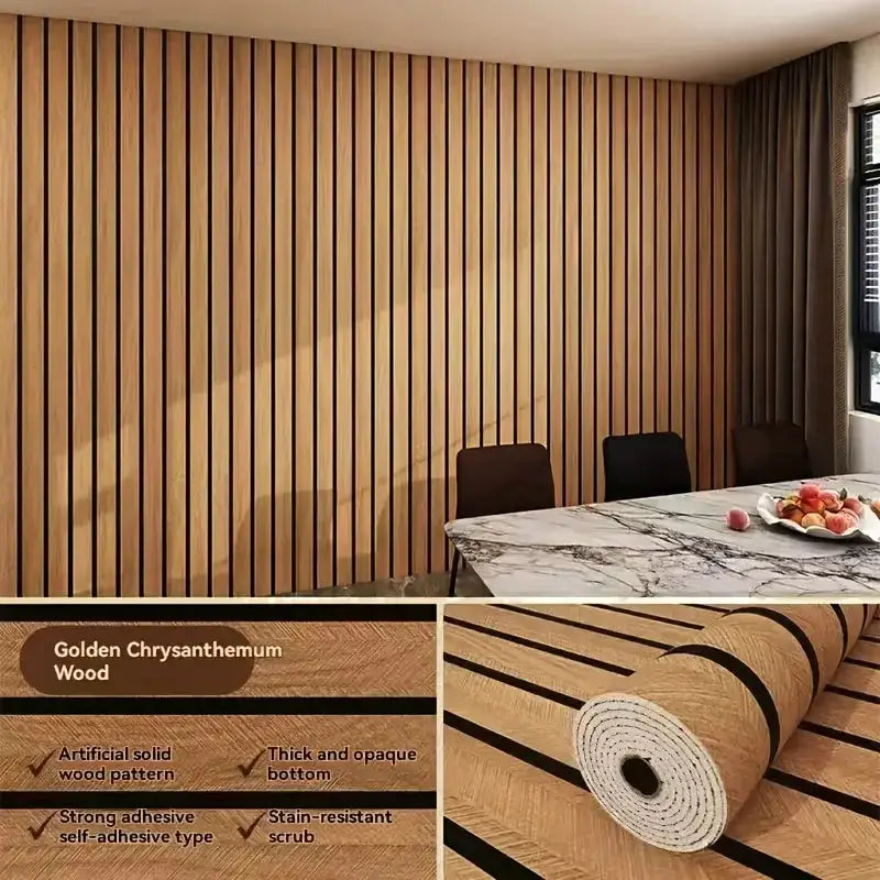 Thick brown wood-pattern peel-and-stick wallpaper with vertical grid slats; faux wood, self-adhesive, water-resistant.
