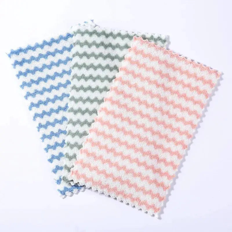 20Pcs kitchen microfiber wipes set with coral velvet wave design; 3 cloths shown in pink, blue and gray