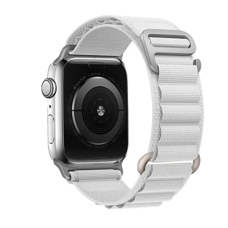 Apple Watch strap by Simples Market, white nylon Alpine bracelet for 40–49mm iWatch with metal hardware.