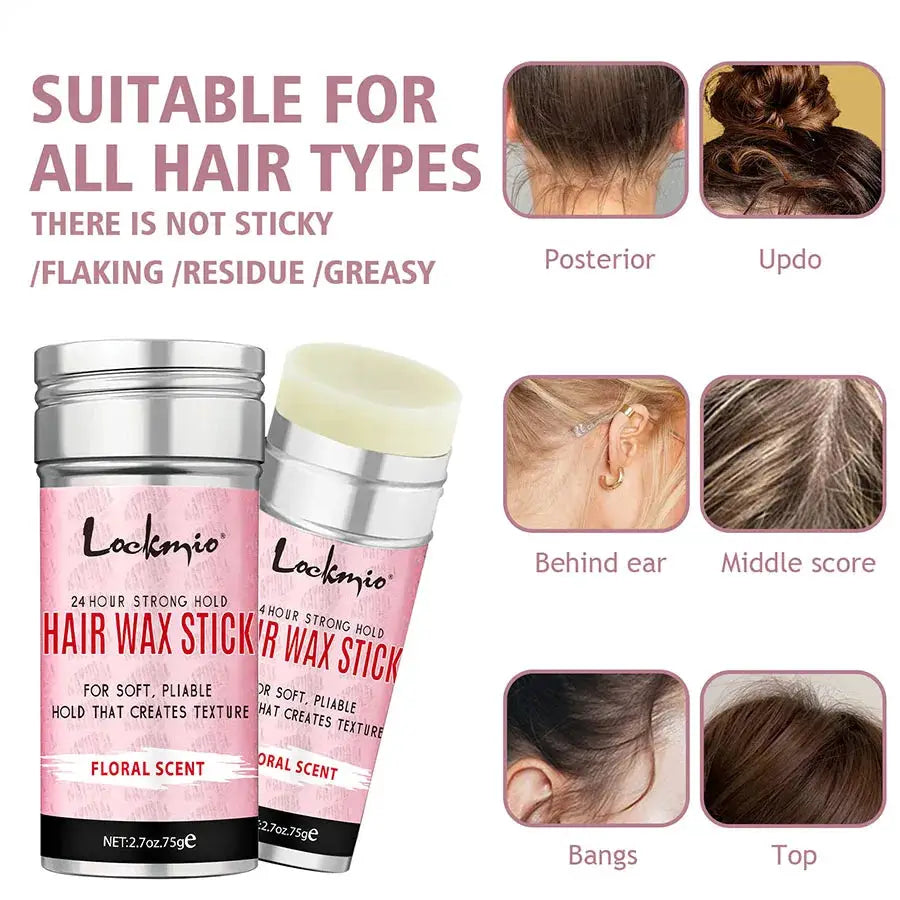 Lockmio hair wax sticks, pink tubes with floral scent, 2-pack for 24-hour strong hold