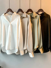 Office Lady Satin Long Sleeve Blouse With Elegant Korean Style Luxury For Professional Office Wear