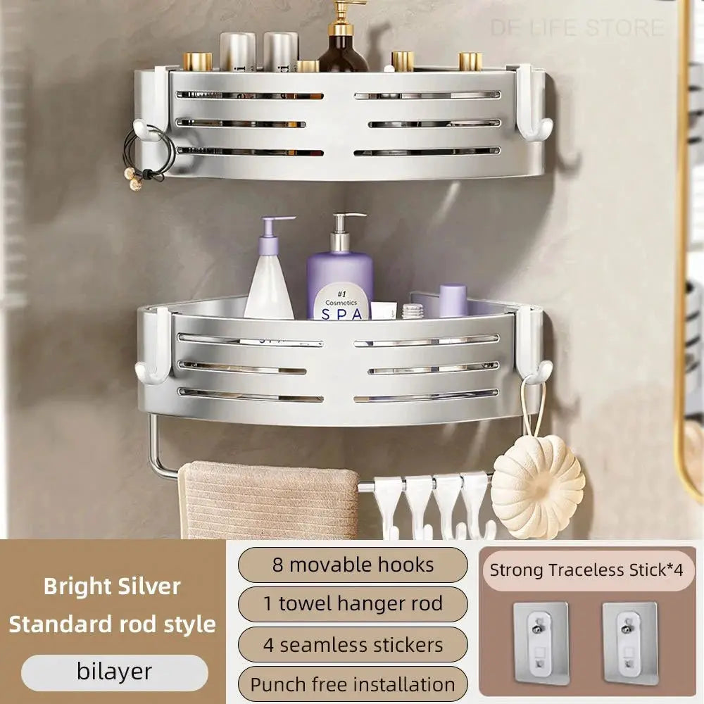 Bathroom corner shelf with plastic hook towel bar, no-drill space aluminum rack, bright silver by Simples Market.