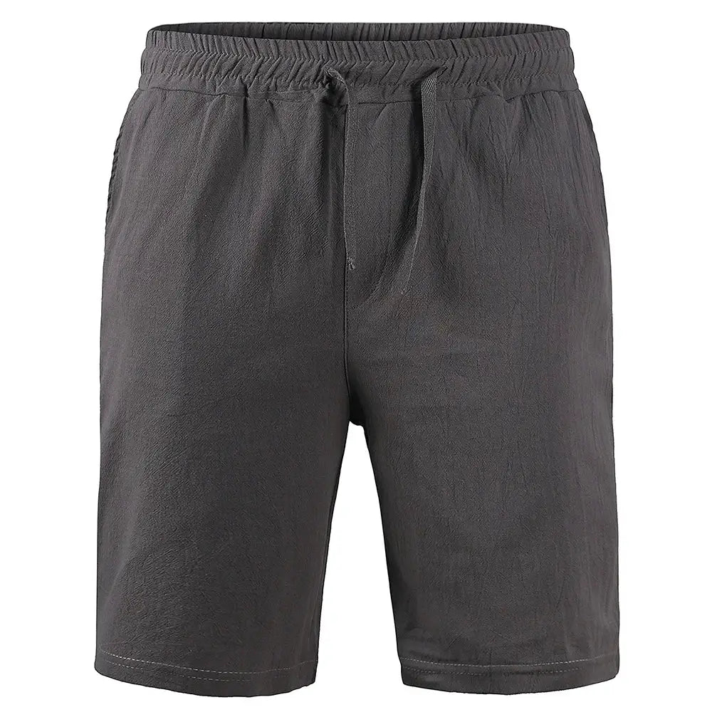 Men's cotton-linen shorts in charcoal gray with elastic drawstring waist
