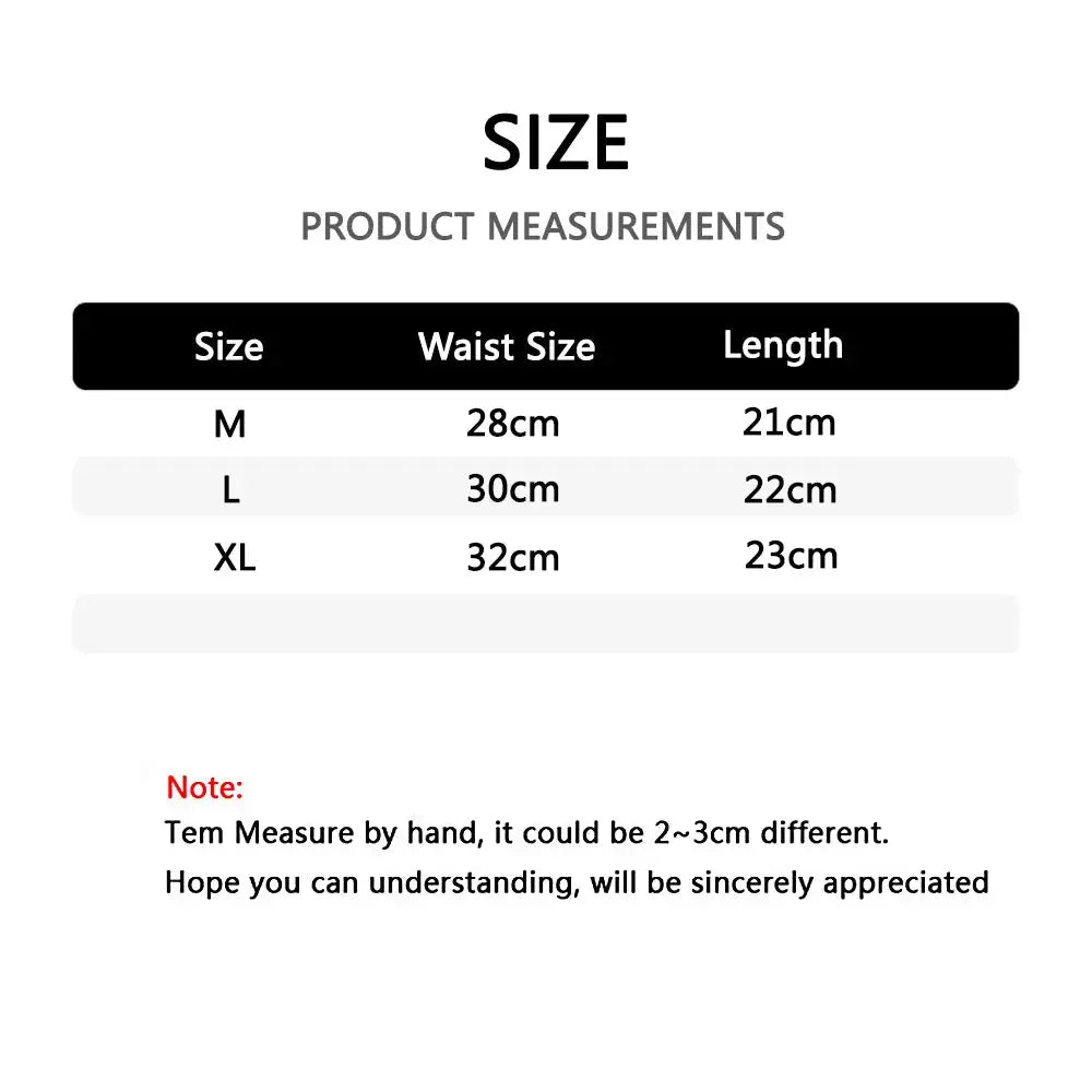 Women's lace panties size chart showing waist measurements 28–32 cm and length 21–23 cm (M–XL)