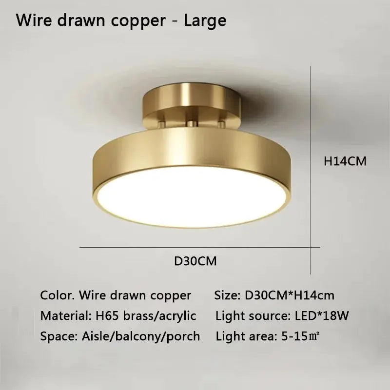Copper LED ceiling light by Simples Market, large round brass finish, 30 cm dia x 14 cm height for bedroom/living room