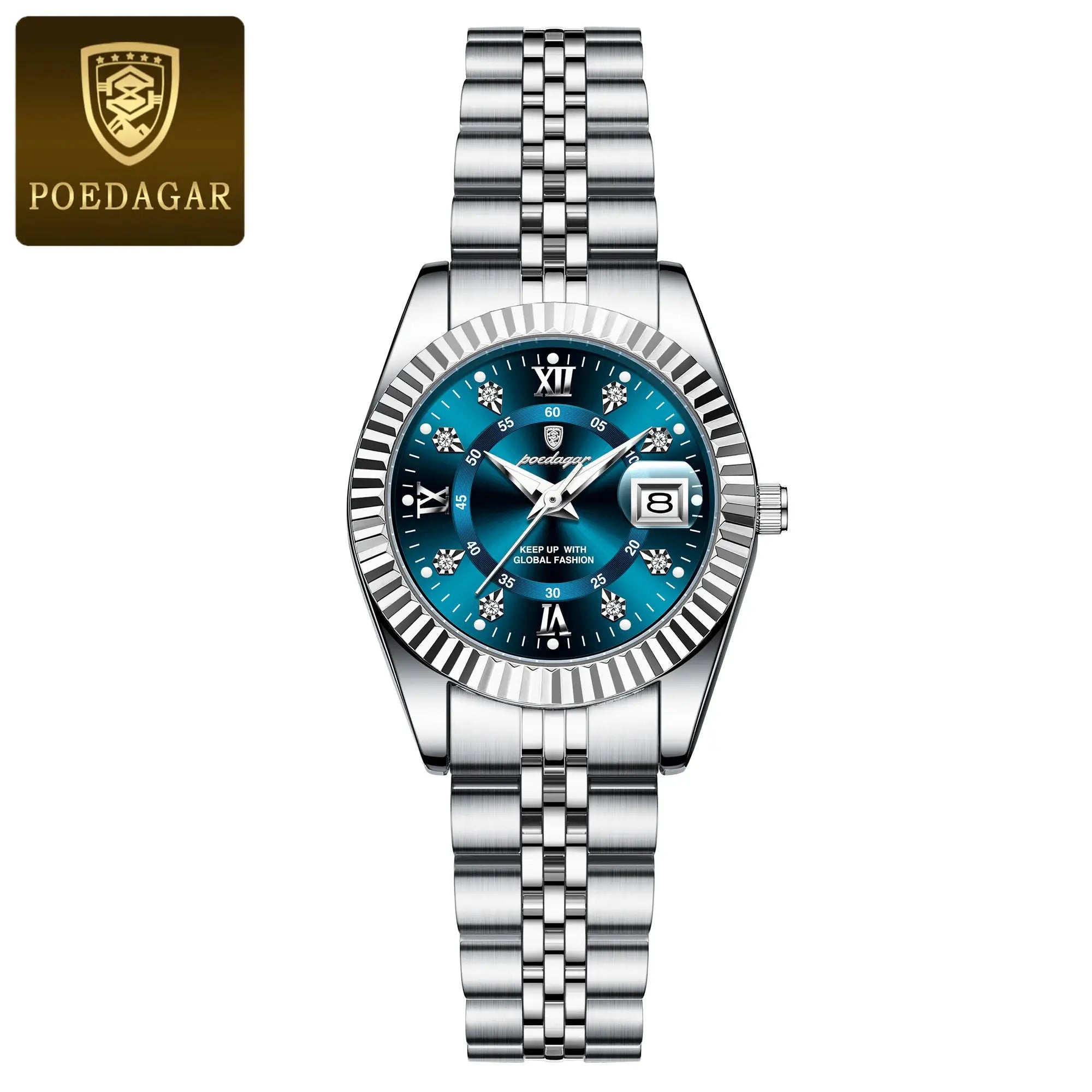 POEDAGAR women's luxury stainless steel watch with blue dial, date window, waterproof quartz
